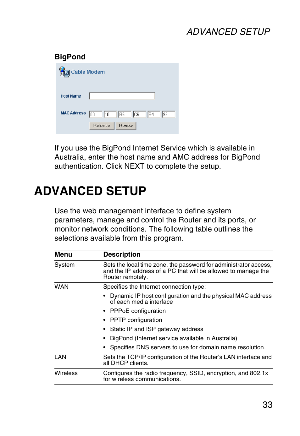 Advanced setup, Advanced setup 33 | SMC Networks SMC Barricade g SMC2804WBR User Manual | Page 43 / 114