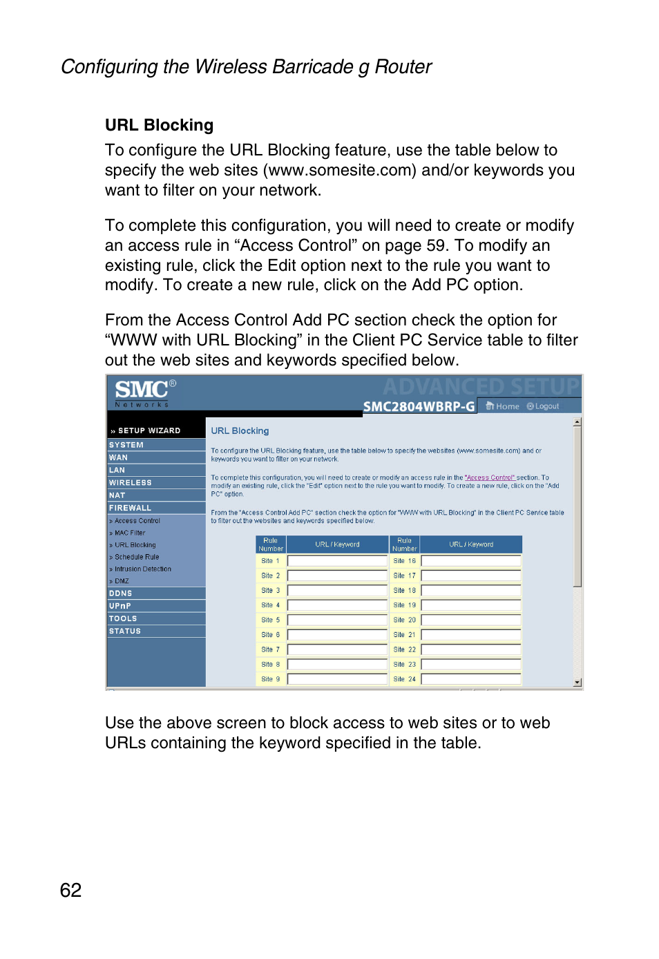 Configuring the wireless barricade g router 62 | SMC Networks SMC Barricade g SMC2804WBR User Manual | Page 72 / 114