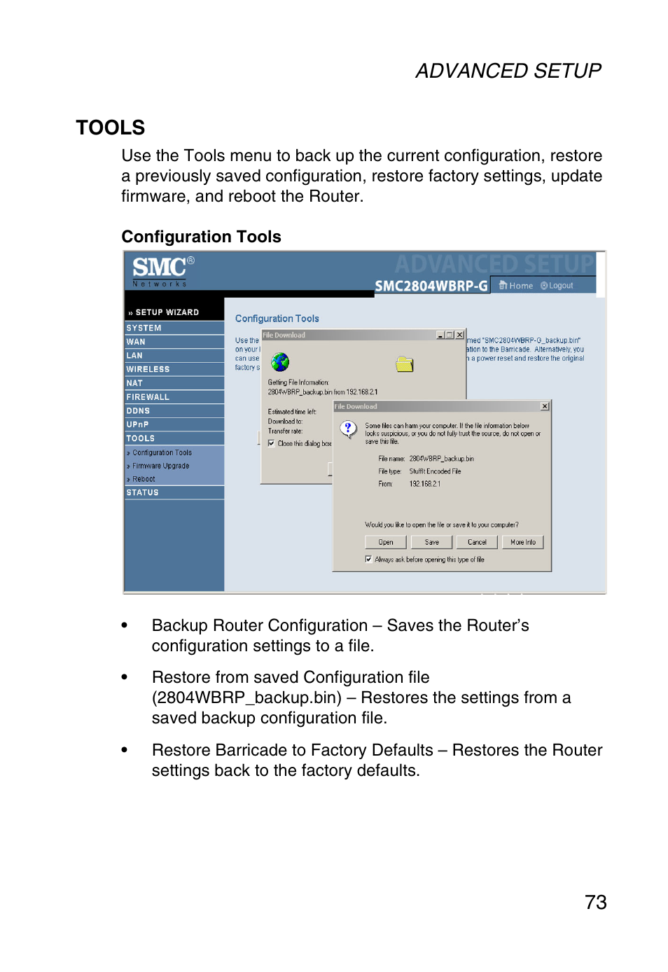 Tools, Advanced setup 73 tools | SMC Networks SMC Barricade g SMC2804WBR User Manual | Page 83 / 114