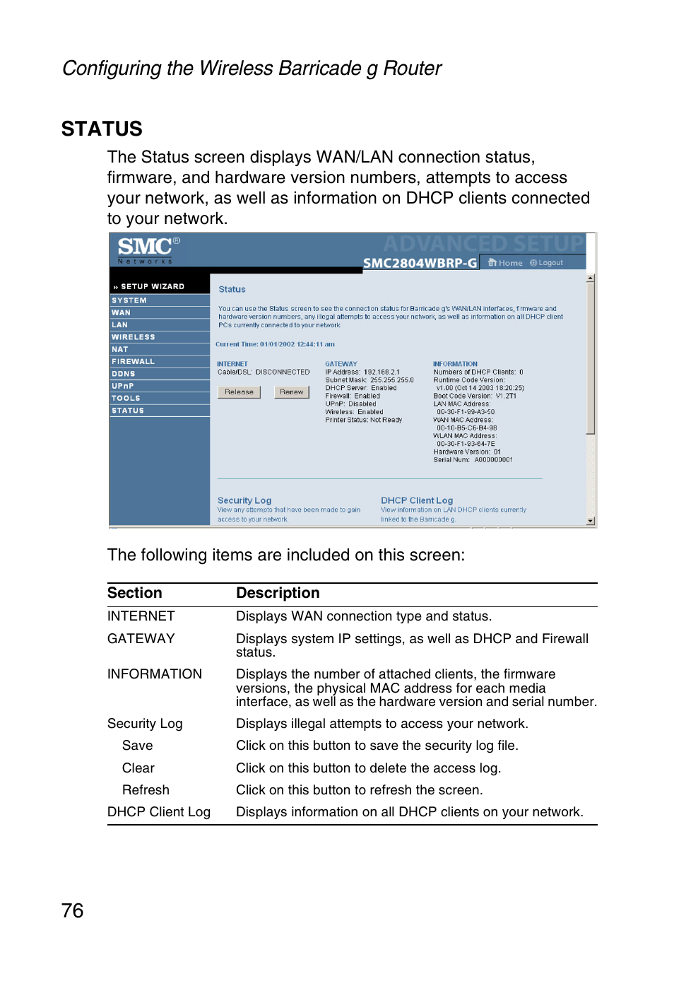 Status | SMC Networks SMC Barricade g SMC2804WBR User Manual | Page 86 / 114