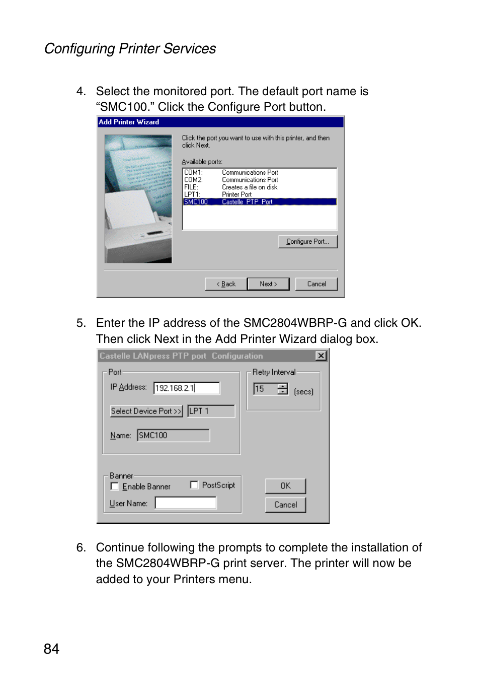 Configuring printer services 84 | SMC Networks SMC Barricade g SMC2804WBR User Manual | Page 94 / 114