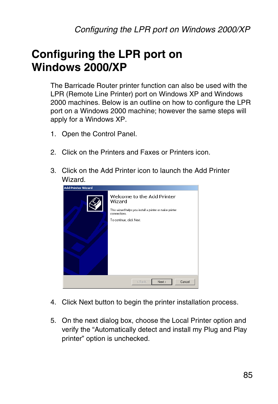 Configuring the lpr port on windows 2000/xp, Configuring the lpr port on, Windows 2000/xp | SMC Networks SMC Barricade g SMC2804WBR User Manual | Page 95 / 114