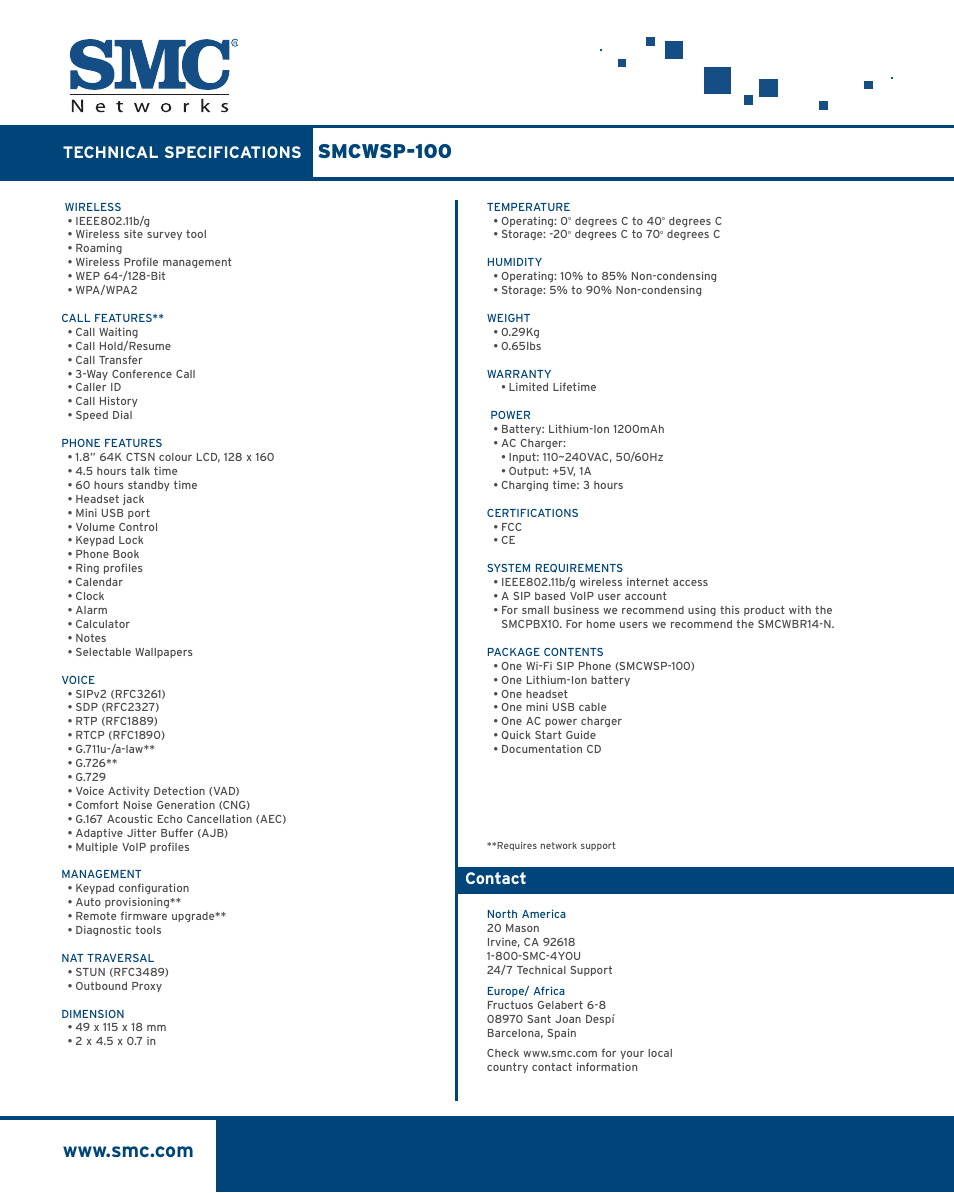 Smcwsp-100, Technical specifications, Contact | SMC Networks SMCWSP-100 User Manual | Page 2 / 2