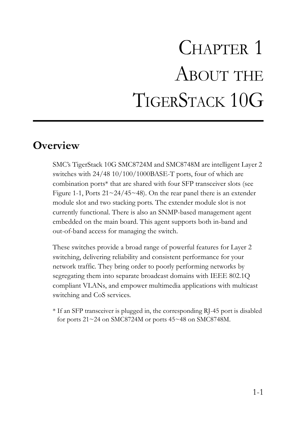 Chapter 1 about the tigerstack 10g, Overview, About the tigerstack 10g -1 | Overview -1 | SMC Networks SMC TigerCard 10G User Manual | Page 23 / 86