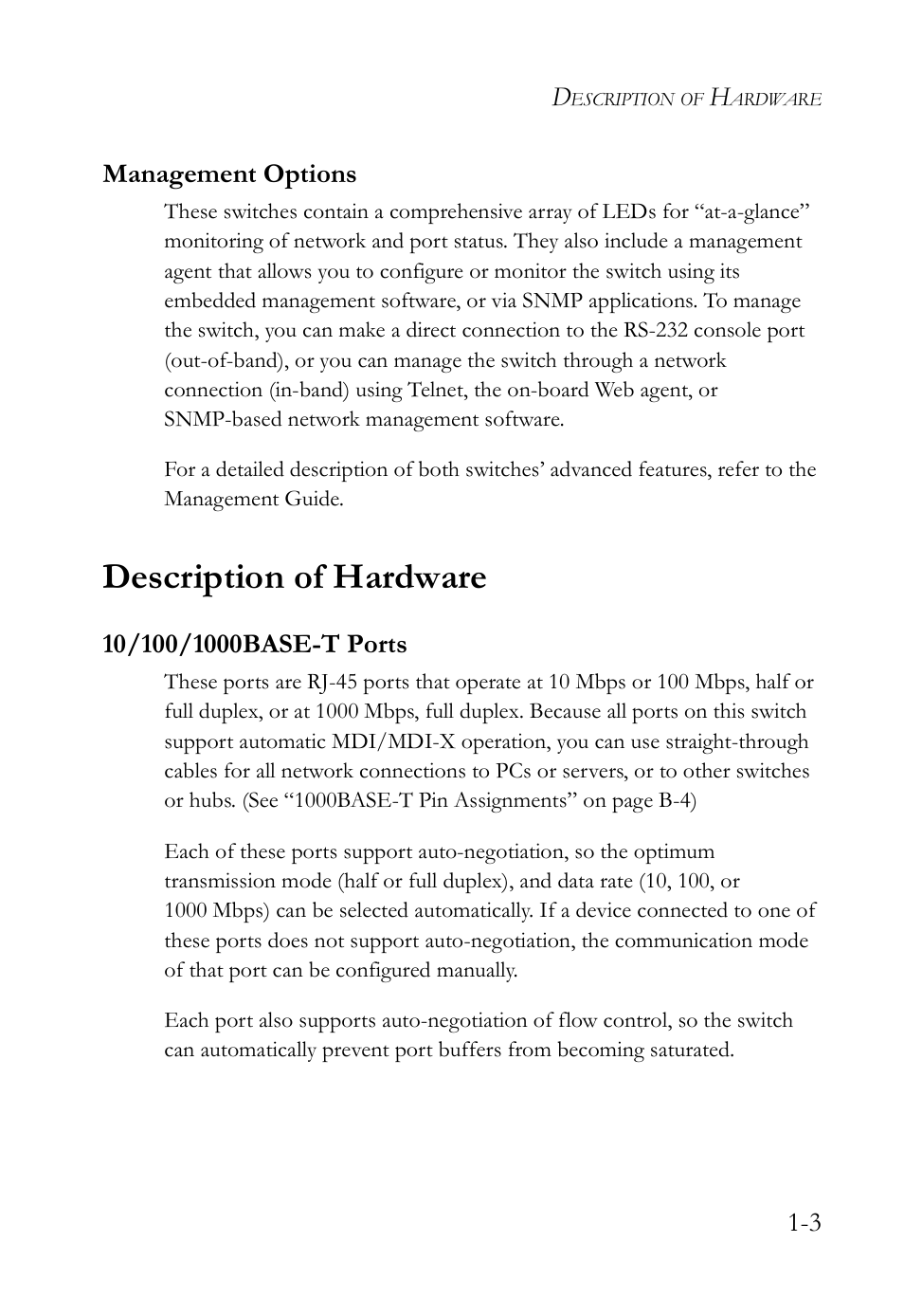 Management options, Description of hardware, 10/100/1000base-t ports | Management options -3, Description of hardware -3, 10/100/1000base-t ports -3 | SMC Networks SMC TigerCard 10G User Manual | Page 25 / 86