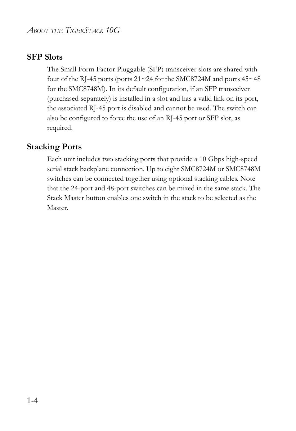 Sfp slots, Stacking ports, Sfp slots -4 stacking ports -4 | SMC Networks SMC TigerCard 10G User Manual | Page 26 / 86
