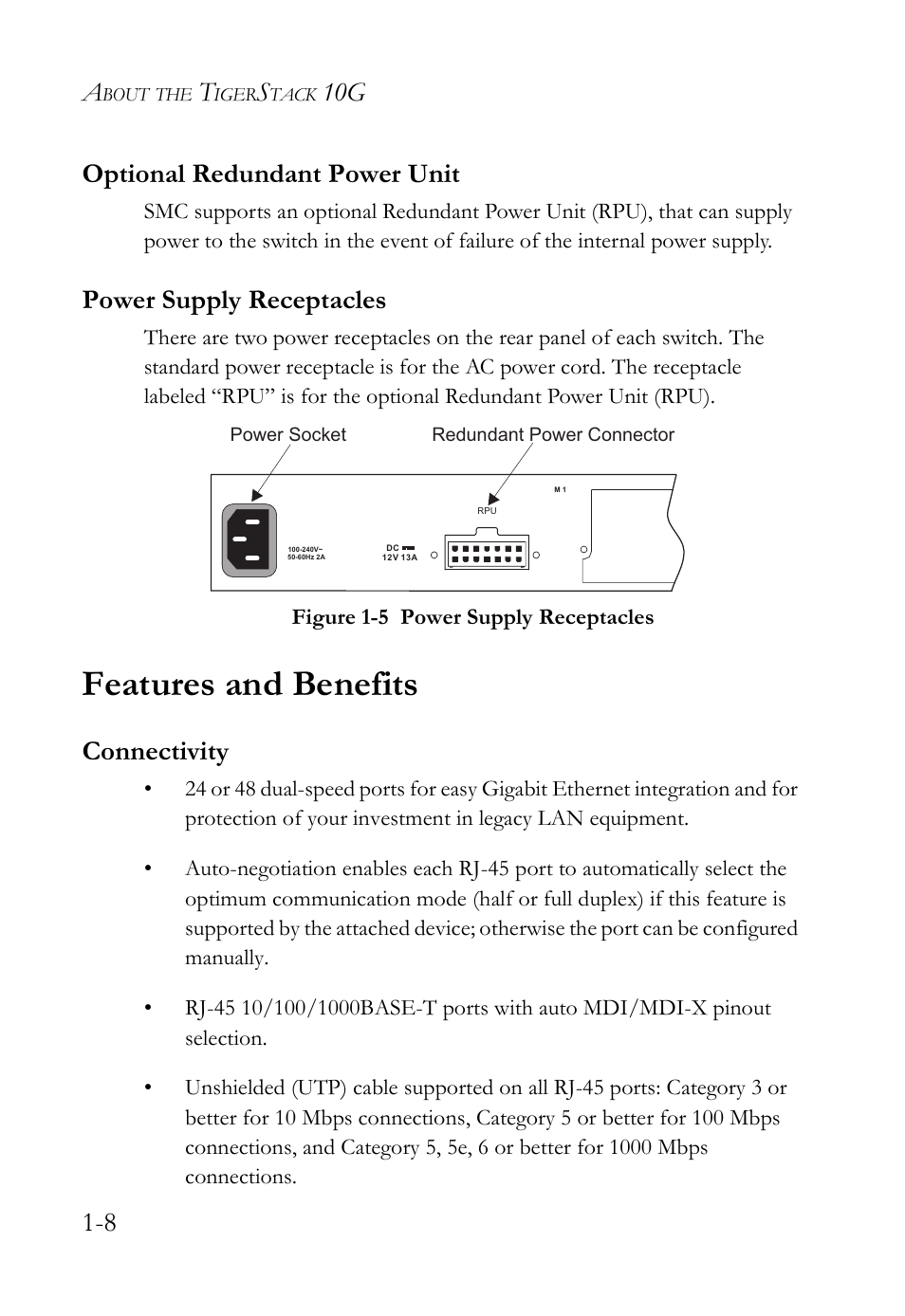 Optional redundant power unit, Power supply receptacles, Features and benefits | Connectivity, Features and benefits -8, Connectivity -8, Figure 1-5, Power supply receptacles -8, 10g 1-8 optional redundant power unit | SMC Networks SMC TigerCard 10G User Manual | Page 30 / 86