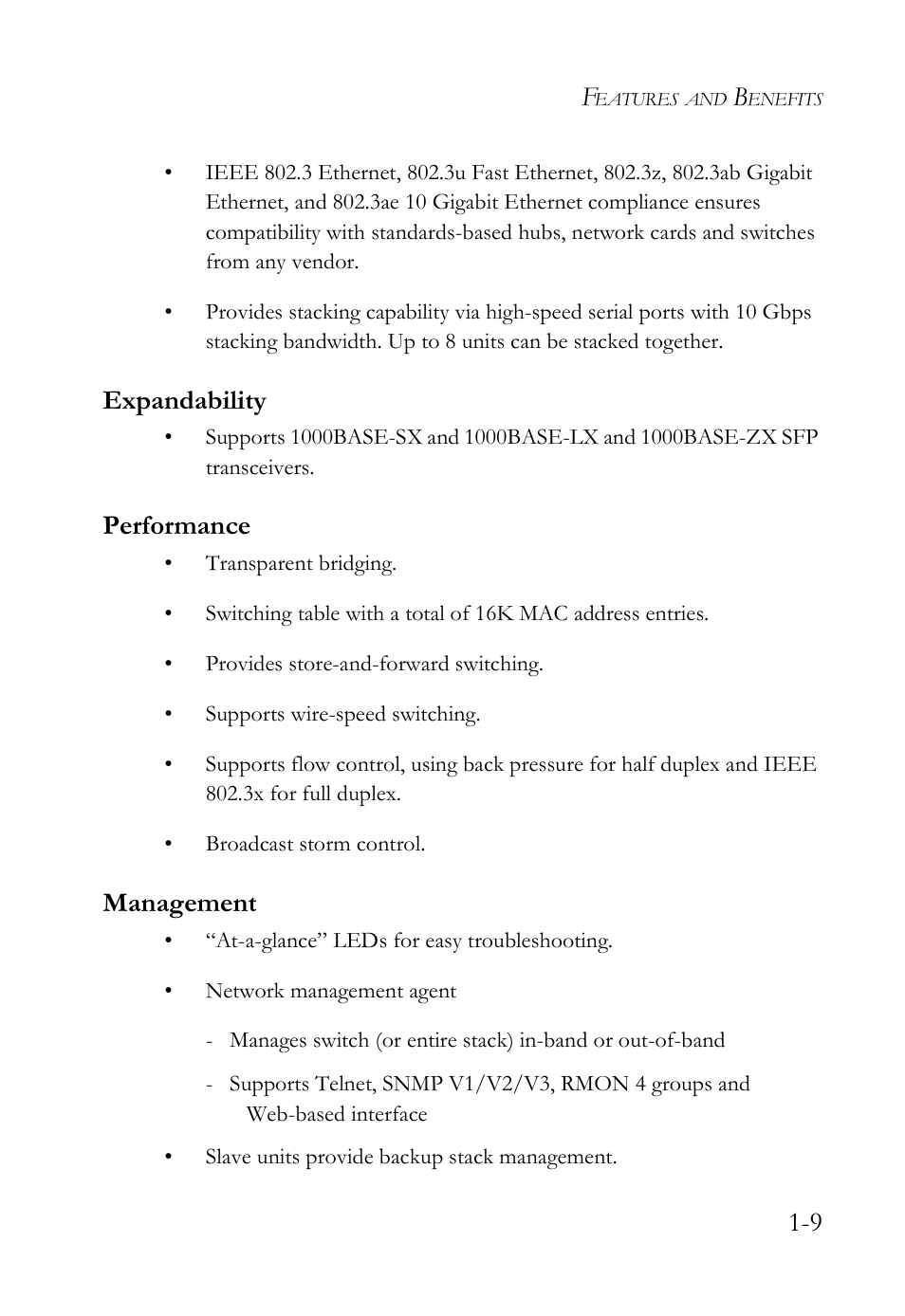 Expandability, Performance, Management | Expandability -9 performance -9 management -9 | SMC Networks SMC TigerCard 10G User Manual | Page 31 / 86