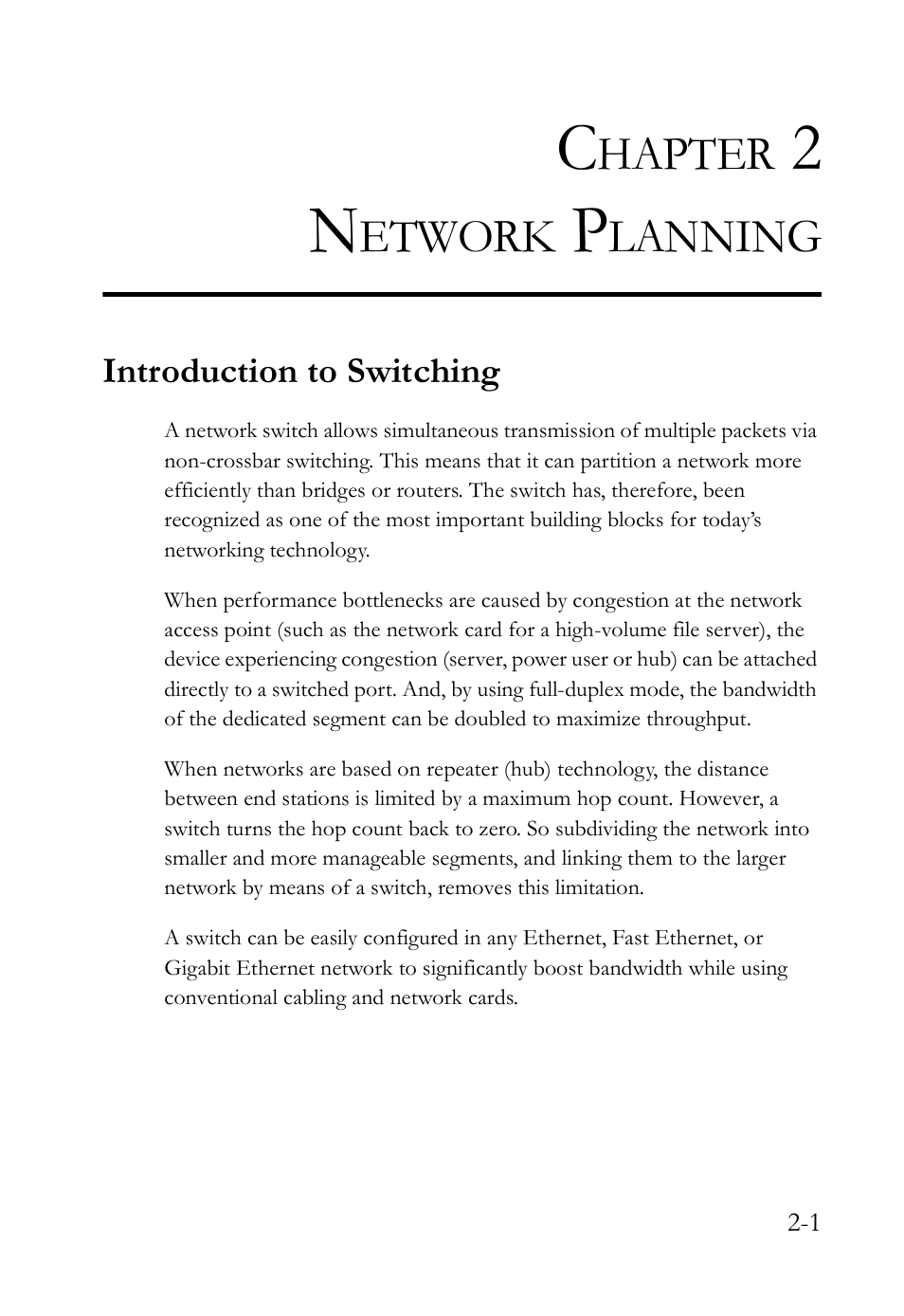 Chapter 2 network planning, Introduction to switching, Network planning -1 | Introduction to switching -1, Hapter, Etwork, Lanning | SMC Networks SMC TigerCard 10G User Manual | Page 33 / 86