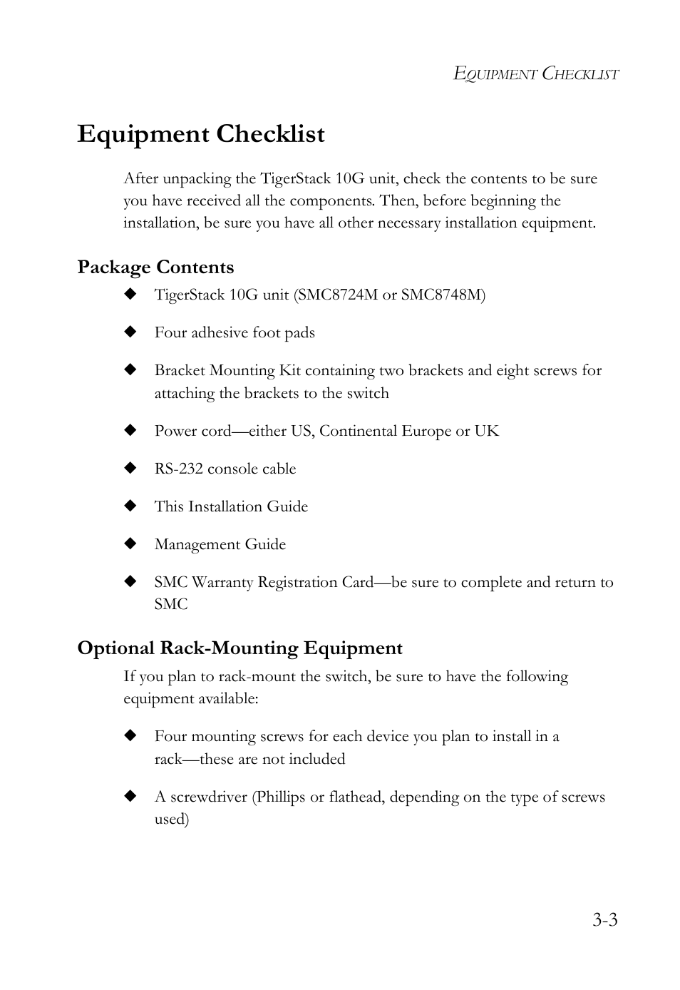 Equipment checklist, Package contents, Optional rack-mounting equipment | Equipment checklist -3 | SMC Networks SMC TigerCard 10G User Manual | Page 41 / 86