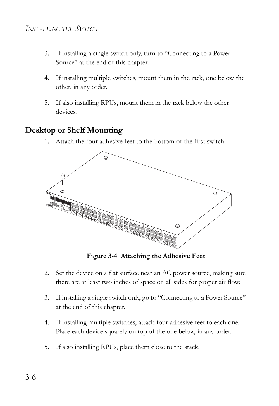 Desktop or shelf mounting, Desktop or shelf mounting -6, Figure 3-4 | Attaching the adhesive feet -6, Nstalling, Witch, Sta ck mas ter, Po we r rp u dia g | SMC Networks SMC TigerCard 10G User Manual | Page 44 / 86