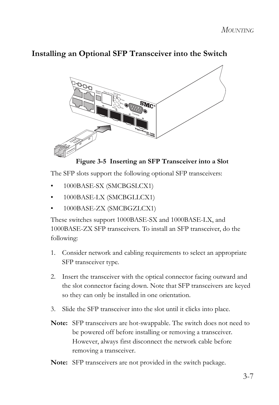 Figure 3-5, Inserting an sfp transceiver into a slot -7, Ounting | SMC Networks SMC TigerCard 10G User Manual | Page 45 / 86