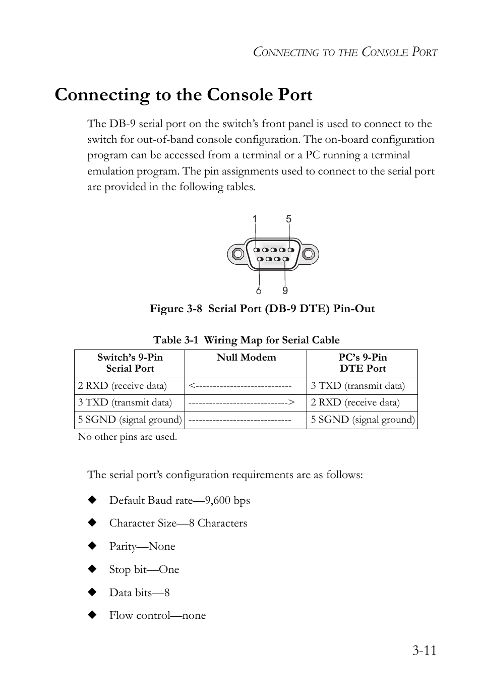 Connecting to the console port, Connecting to the console port -11, Table 3-1 wiring map for serial cable -11 | Figure 3-8, Serial port (db-9 dte) pin-out -11 | SMC Networks SMC TigerCard 10G User Manual | Page 49 / 86