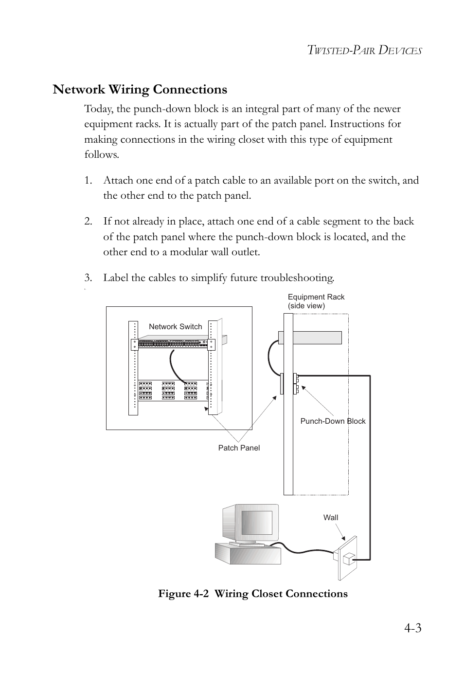 Network wiring connections, Network wiring connections -3, Figure 4-2 | Wiring closet connections -3, 3 network wiring connections, Figure 4-2 wiring closet connections, Wisted, Evices | SMC Networks SMC TigerCard 10G User Manual | Page 53 / 86