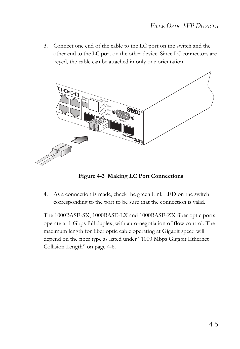 Figure 4-3, Making lc port connections -5, Sfp d | Iber, Ptic, Evices | SMC Networks SMC TigerCard 10G User Manual | Page 55 / 86