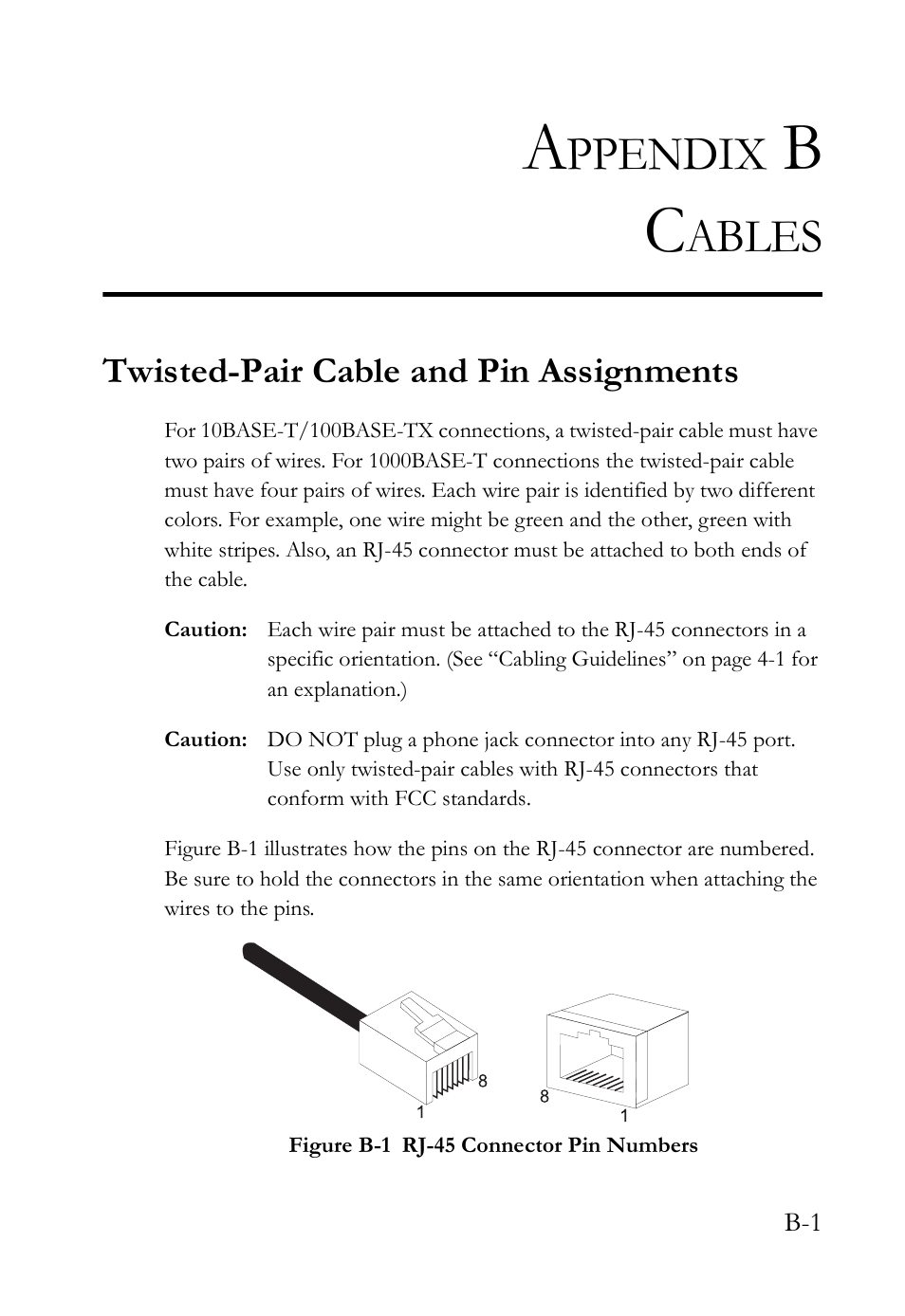 Appendix b cables, Twisted-pair cable and pin assignments, Figure b-1 | Ppendix, Ables | SMC Networks SMC TigerCard 10G User Manual | Page 63 / 86