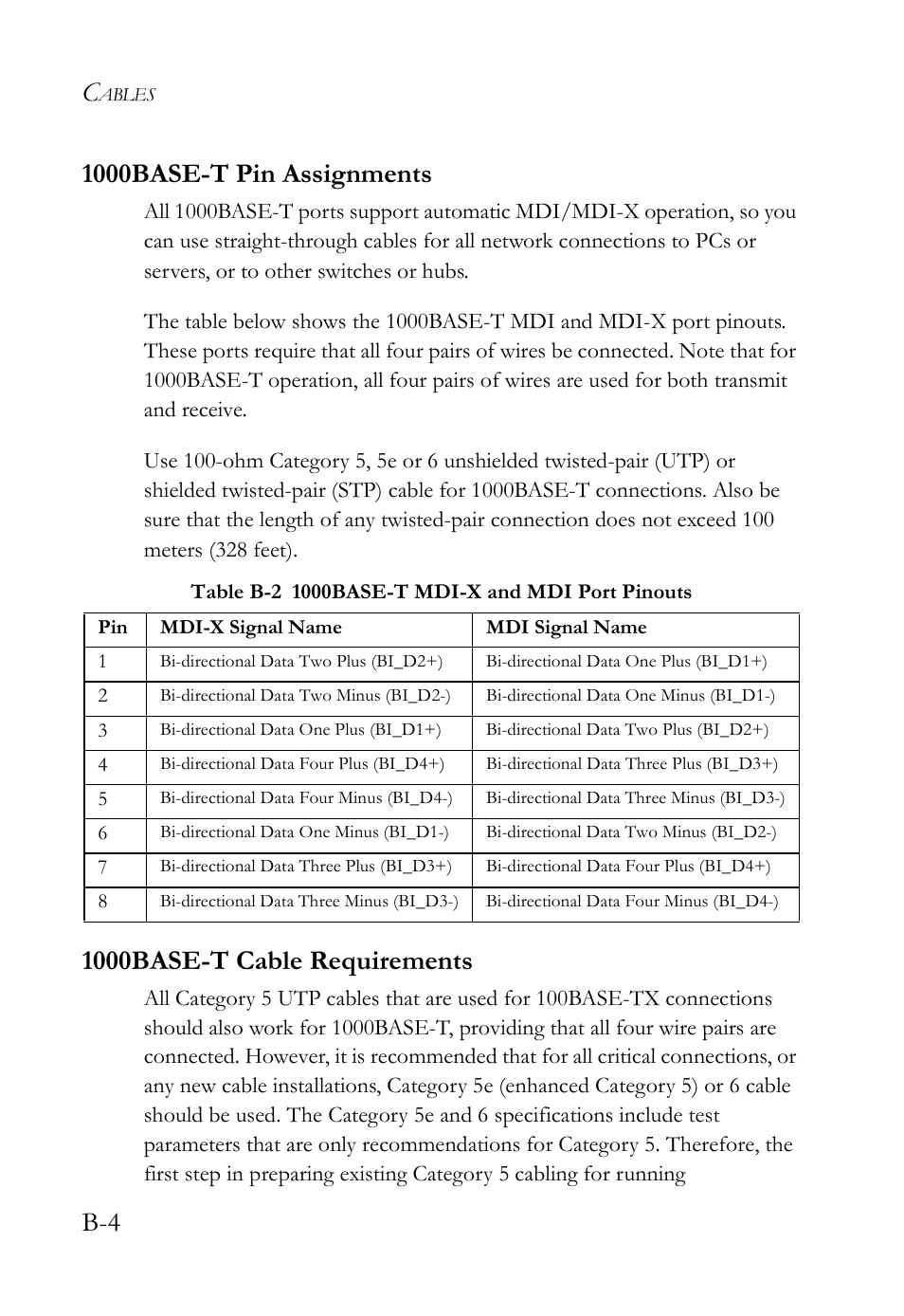 1000base-t pin assignments, 1000base-t cable requirements | SMC Networks SMC TigerCard 10G User Manual | Page 66 / 86
