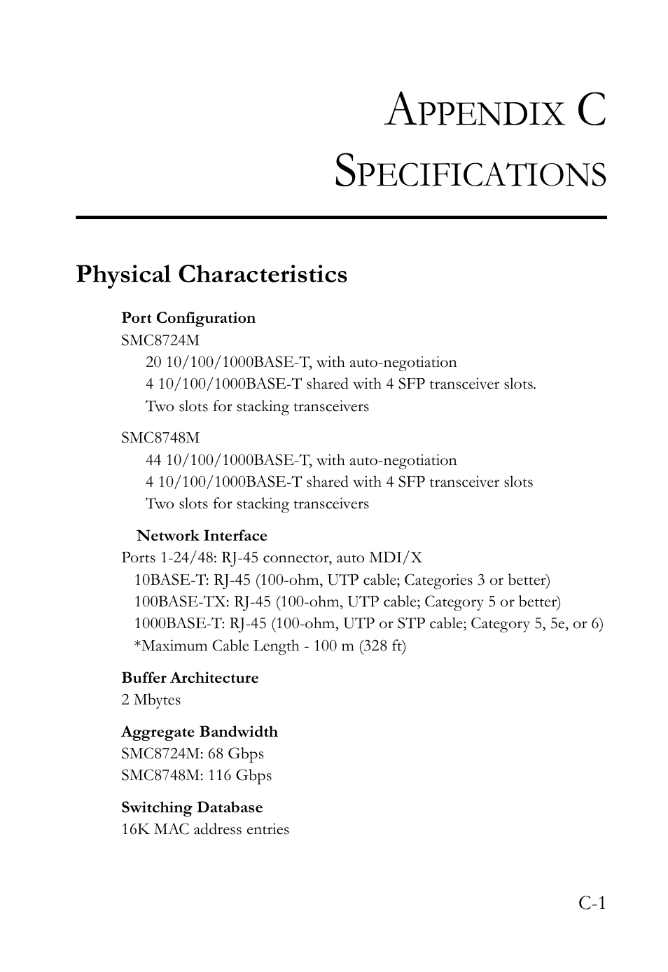 Appendix c specifications, Physical characteristics, Ppendix | Pecifications | SMC Networks SMC TigerCard 10G User Manual | Page 69 / 86
