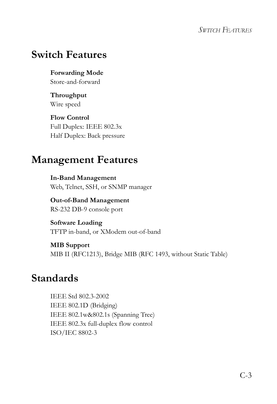 Switch features, Management features, Standards | SMC Networks SMC TigerCard 10G User Manual | Page 71 / 86