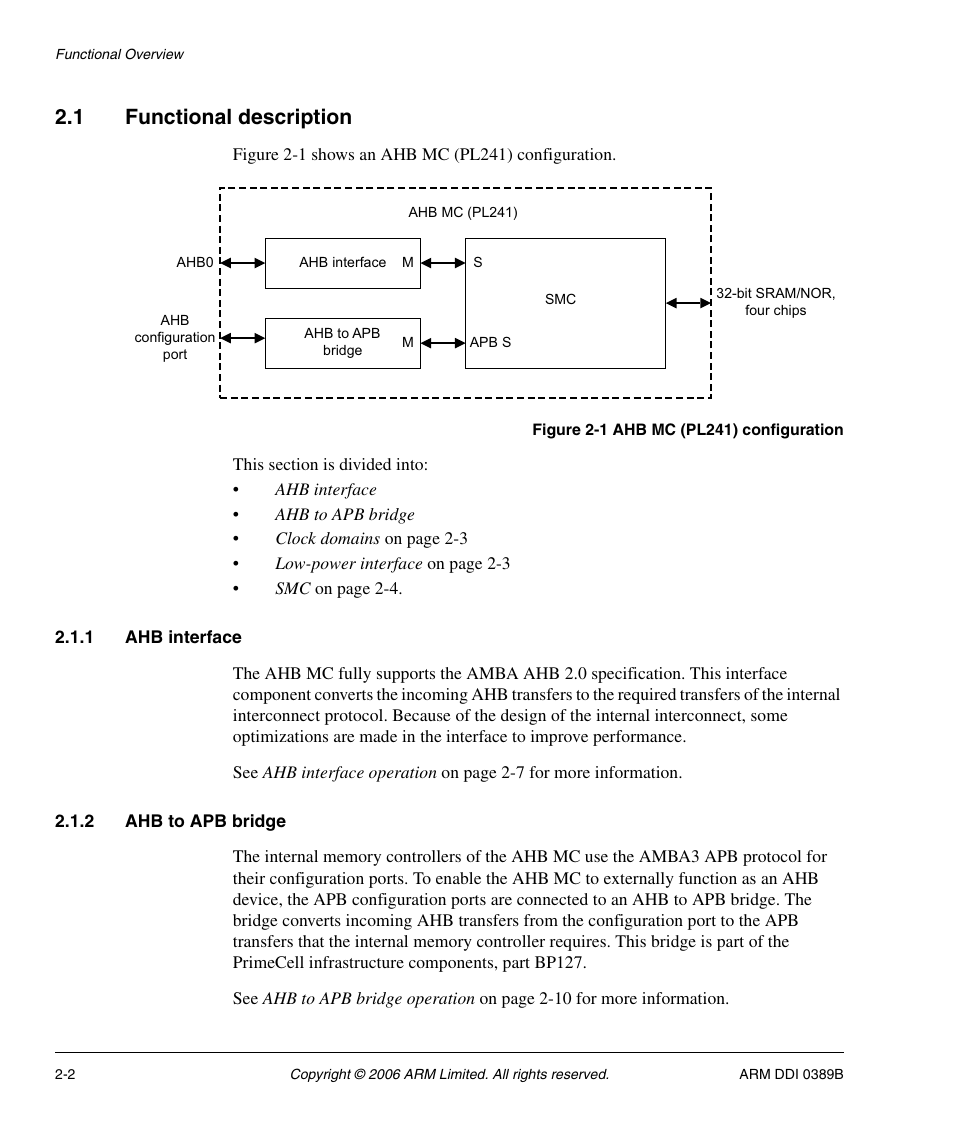 1 functional description, 1 ahb interface, 2 ahb to apb bridge | Functional description -2, Figure 2-1, Ahb mc (pl241) configuration -2 | SMC Networks ARM PL241 User Manual | Page 22 / 110