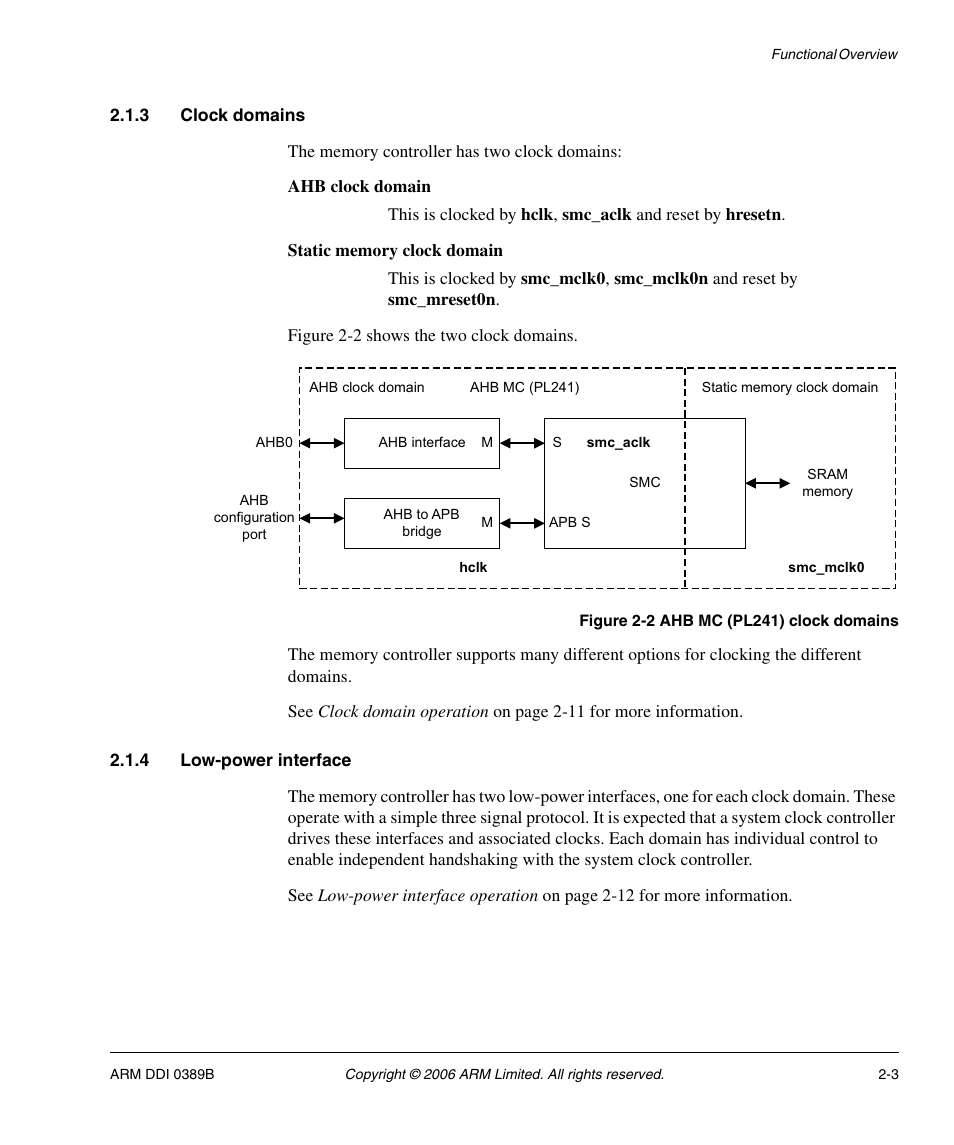 3 clock domains, 4 low-power interface, Figure 2-2 | Ahb mc (pl241) clock domains -3 | SMC Networks ARM PL241 User Manual | Page 23 / 110