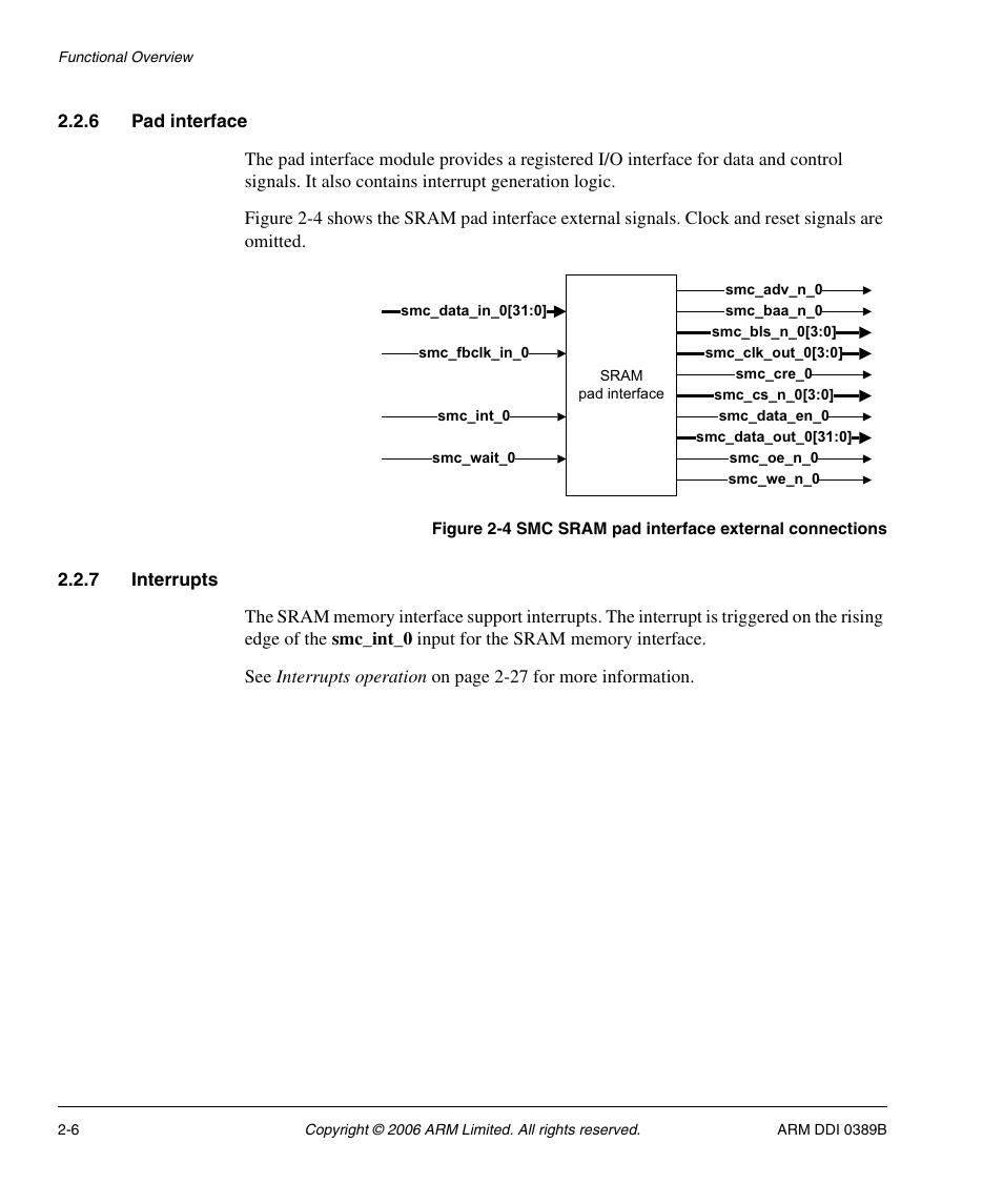 6 pad interface, 7 interrupts, Figure 2-4 | Smc sram pad interface external connections -6 | SMC Networks ARM PL241 User Manual | Page 26 / 110