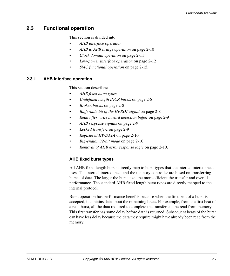 3 functional operation, 1 ahb interface operation, Ahb fixed burst types | Functional operation -7 | SMC Networks ARM PL241 User Manual | Page 27 / 110