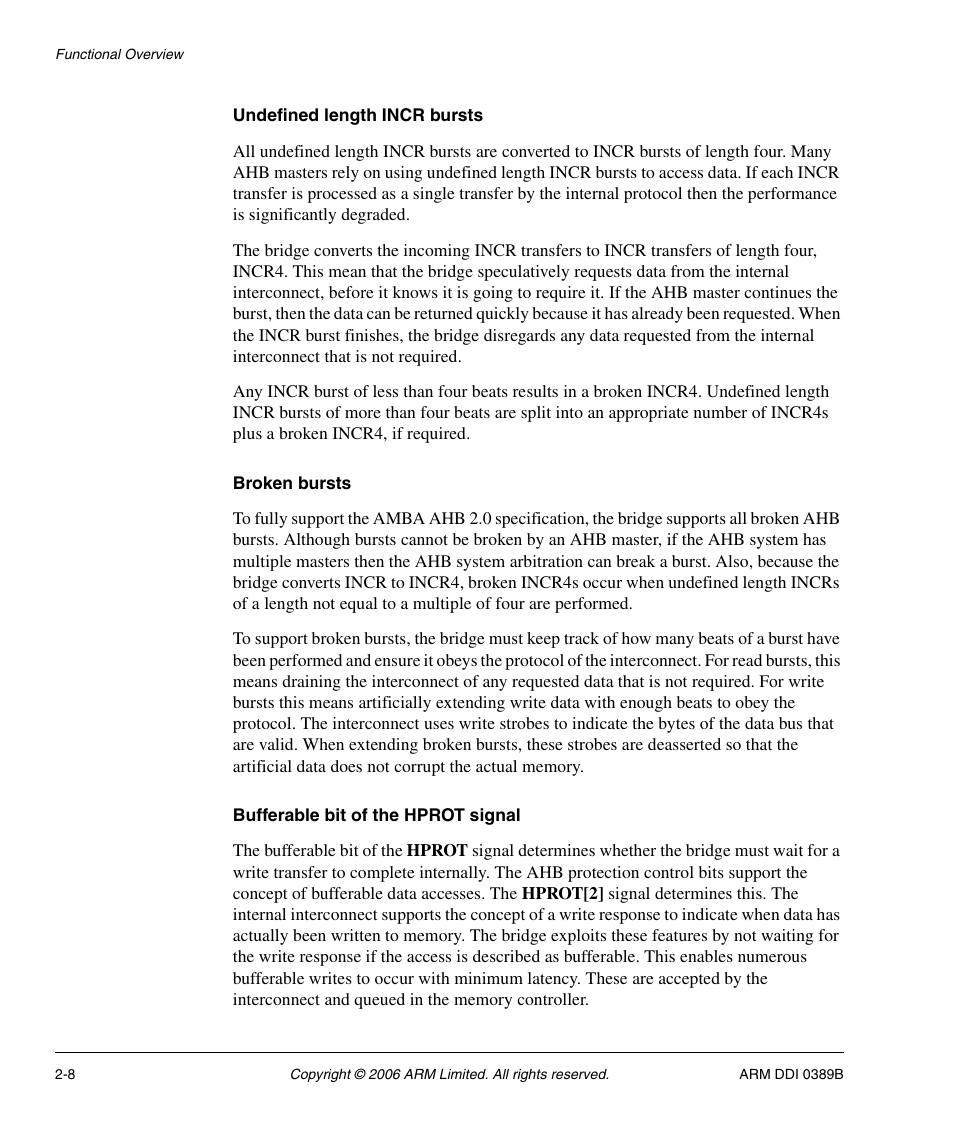 Undefined length incr bursts, Broken bursts, Bufferable bit of the hprot signal | SMC Networks ARM PL241 User Manual | Page 28 / 110