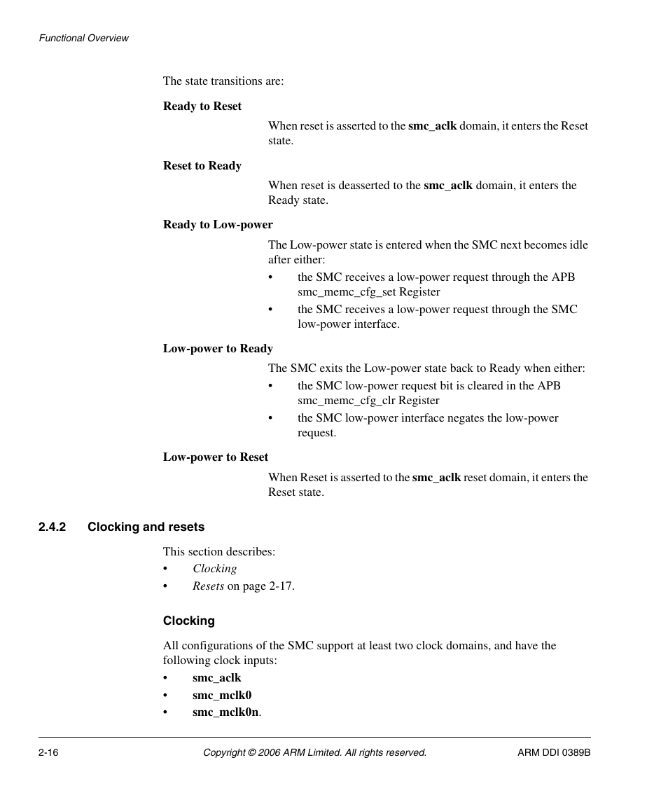 2 clocking and resets, Clocking | SMC Networks ARM PL241 User Manual | Page 36 / 110