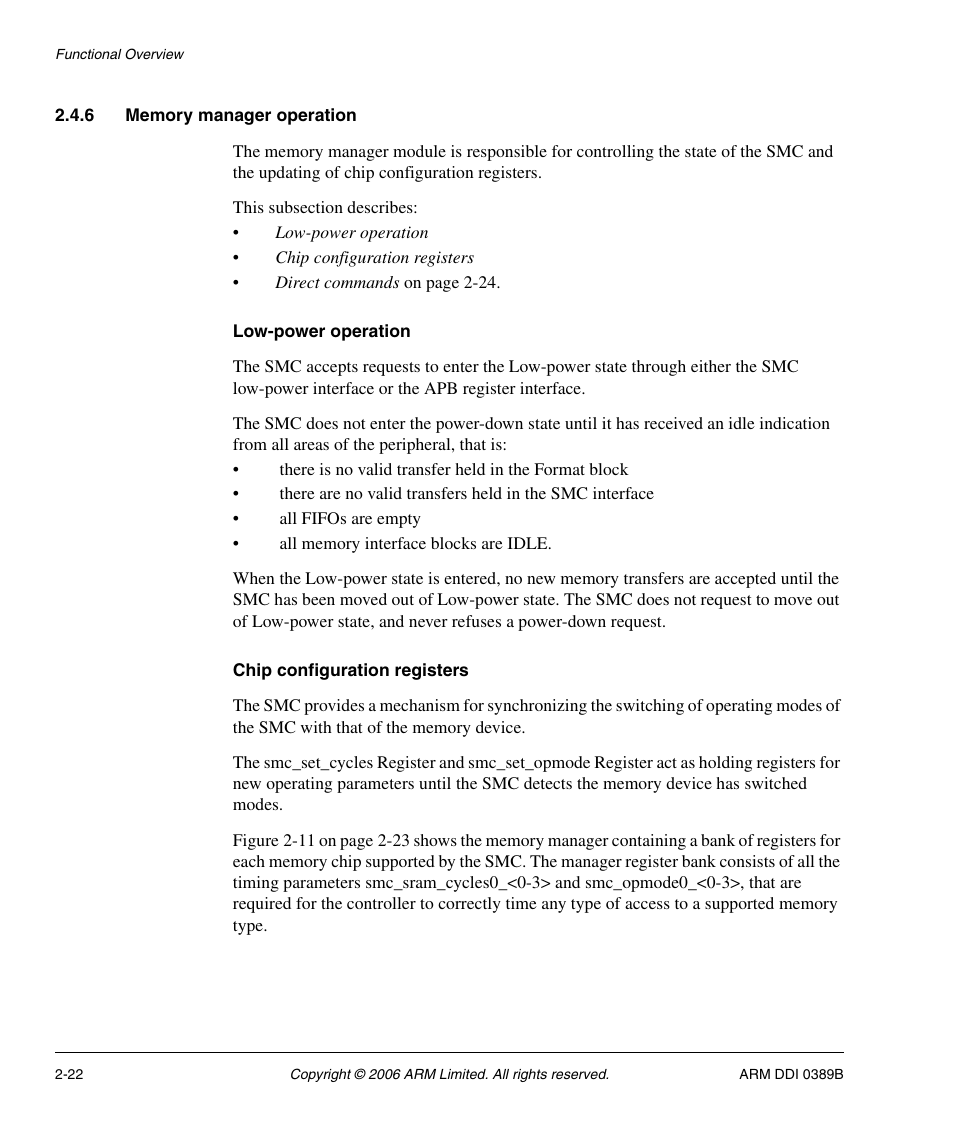 6 memory manager operation, Low-power operation, Chip configuration registers | SMC Networks ARM PL241 User Manual | Page 42 / 110