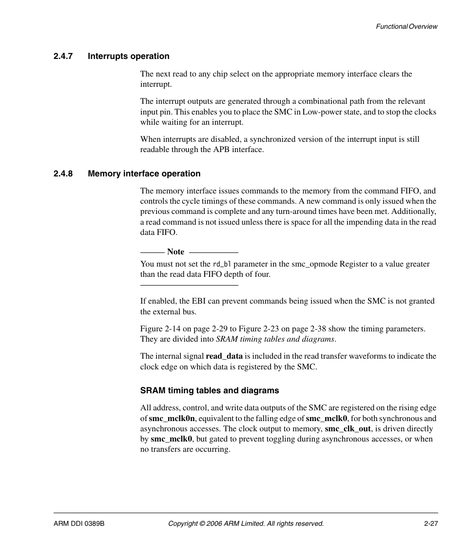 7 interrupts operation, 8 memory interface operation, Sram timing tables and diagrams | SMC Networks ARM PL241 User Manual | Page 47 / 110