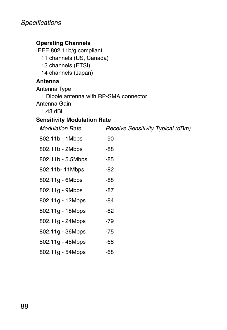 Specifications 88 | SMC Networks Barricade SMCWBR14-G User Manual | Page 100 / 105