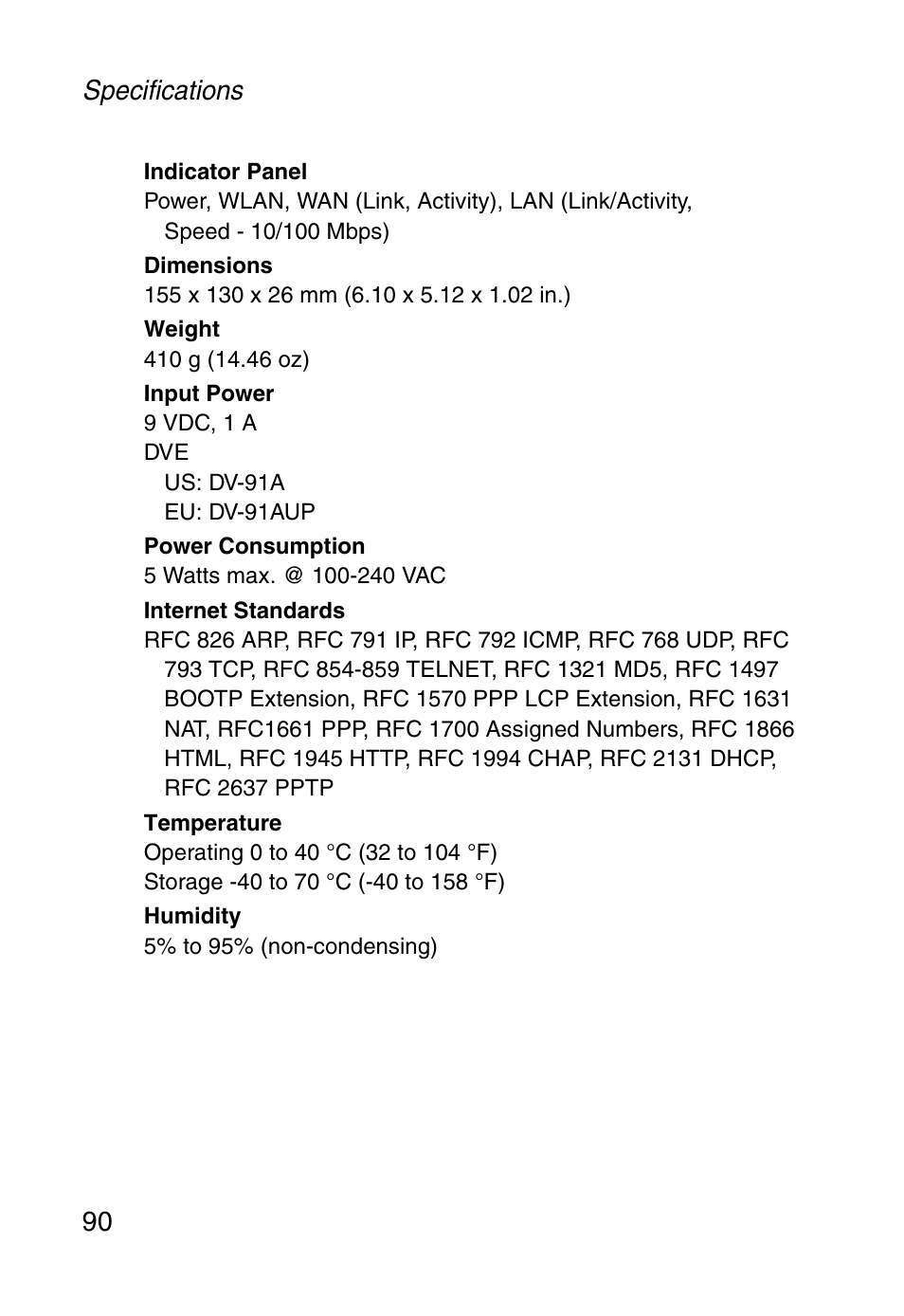 Specifications 90 | SMC Networks Barricade SMCWBR14-G User Manual | Page 102 / 105