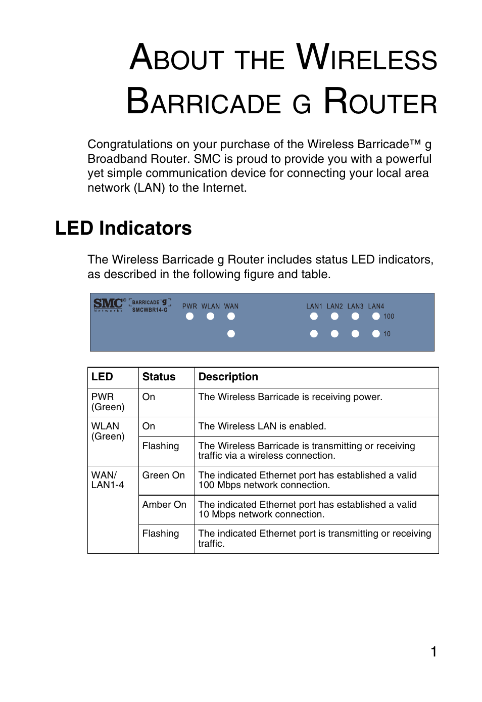 About the wireless barricade g router, Led indicators, Able | Ontents, Bout, Ireless, Arricade, Outer | SMC Networks Barricade SMCWBR14-G User Manual | Page 13 / 105