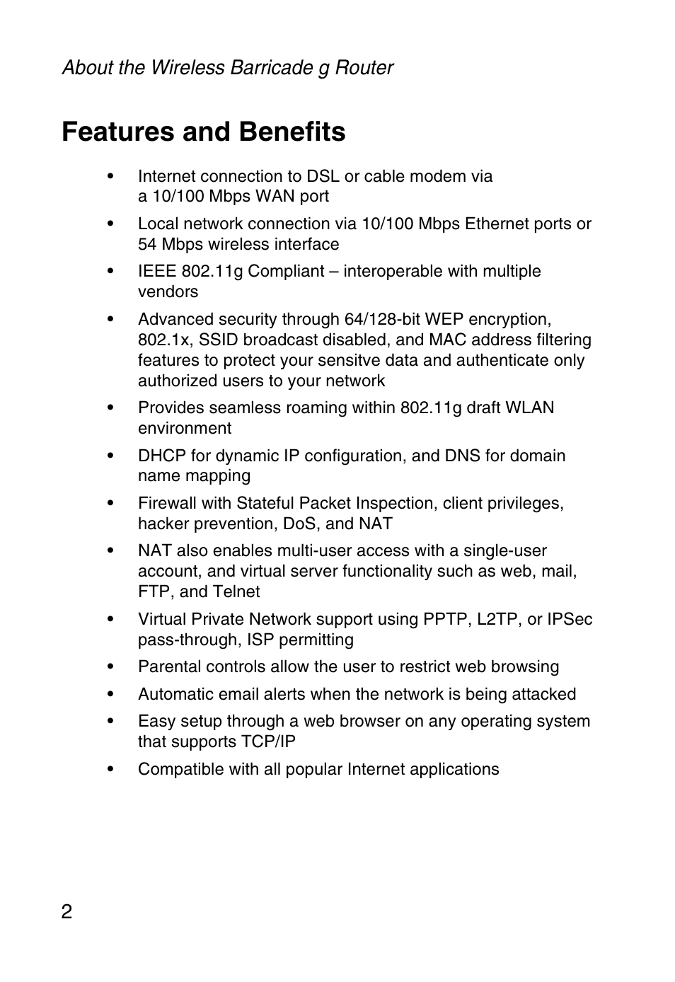 Features and benefits, About the wireless barricade g router 2 | SMC Networks Barricade SMCWBR14-G User Manual | Page 14 / 105