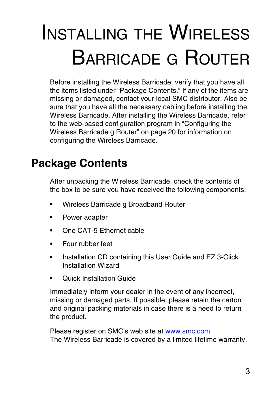 Installing the wireless barricade g router, Package contents, Nstalling | Ireless, Arricade, Outer | SMC Networks Barricade SMCWBR14-G User Manual | Page 15 / 105