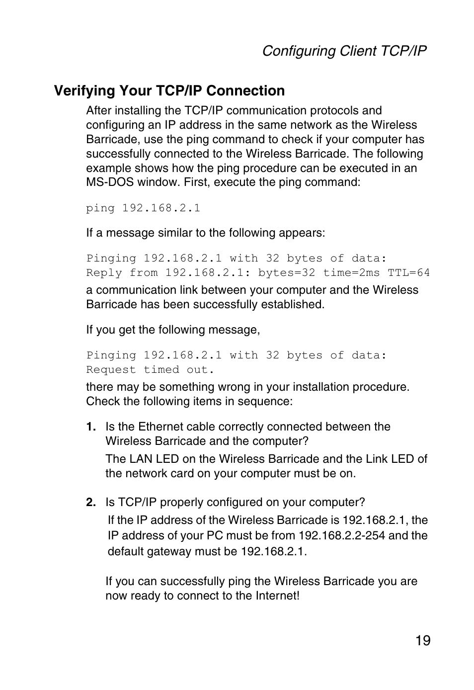 Verifying your tcp/ip connection | SMC Networks Barricade SMCWBR14-G User Manual | Page 31 / 105