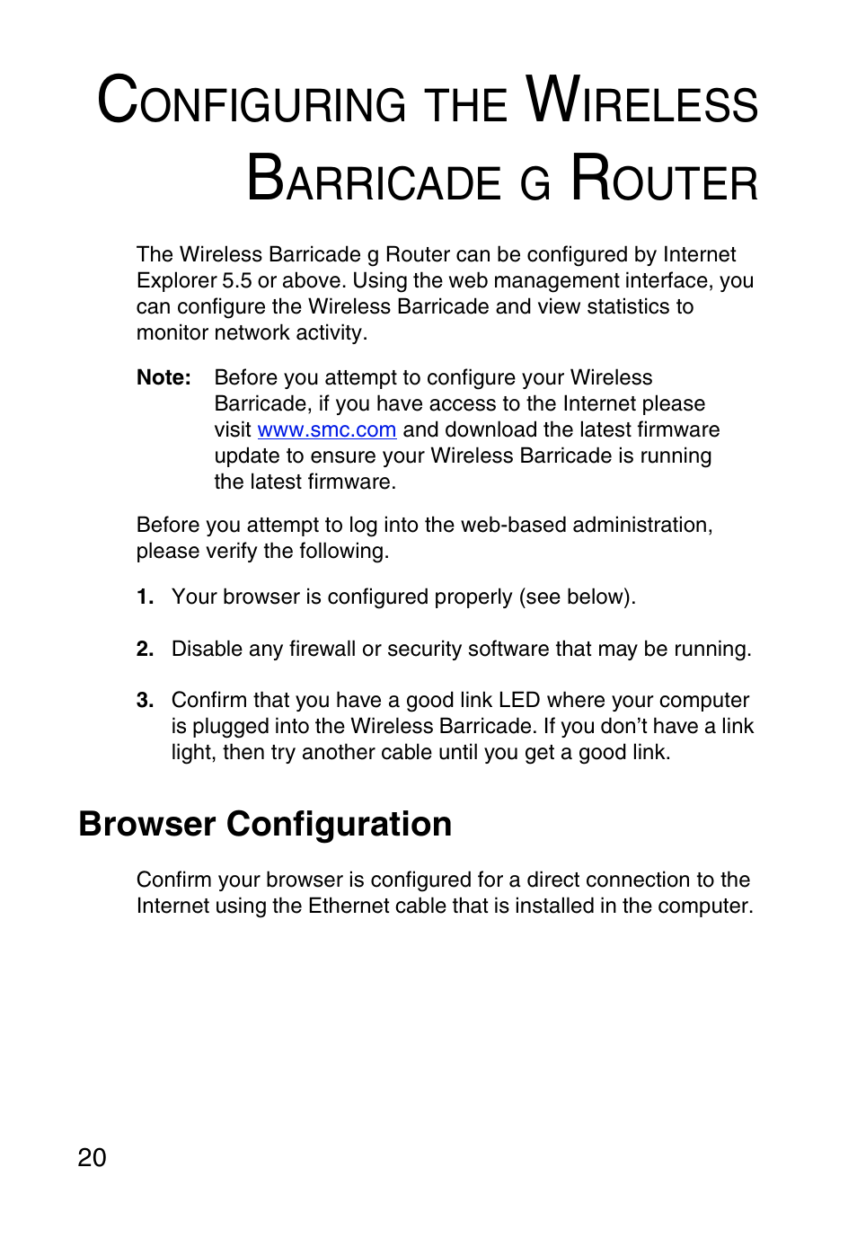 Configuring the wireless barricade g router, Browser configuration, Onfiguring | Ireless, Arricade, Outer | SMC Networks Barricade SMCWBR14-G User Manual | Page 32 / 105