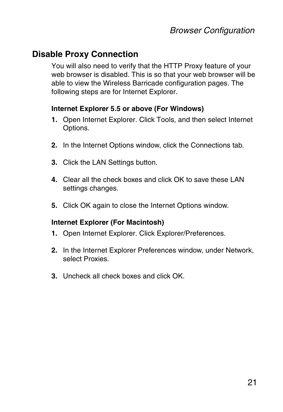 Disable proxy connection, Browser configuration 21 disable proxy connection | SMC Networks Barricade SMCWBR14-G User Manual | Page 33 / 105