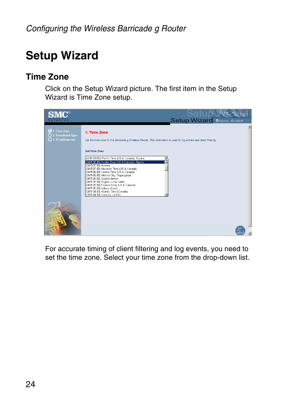 Setup wizard, Time zone | SMC Networks Barricade SMCWBR14-G User Manual | Page 36 / 105