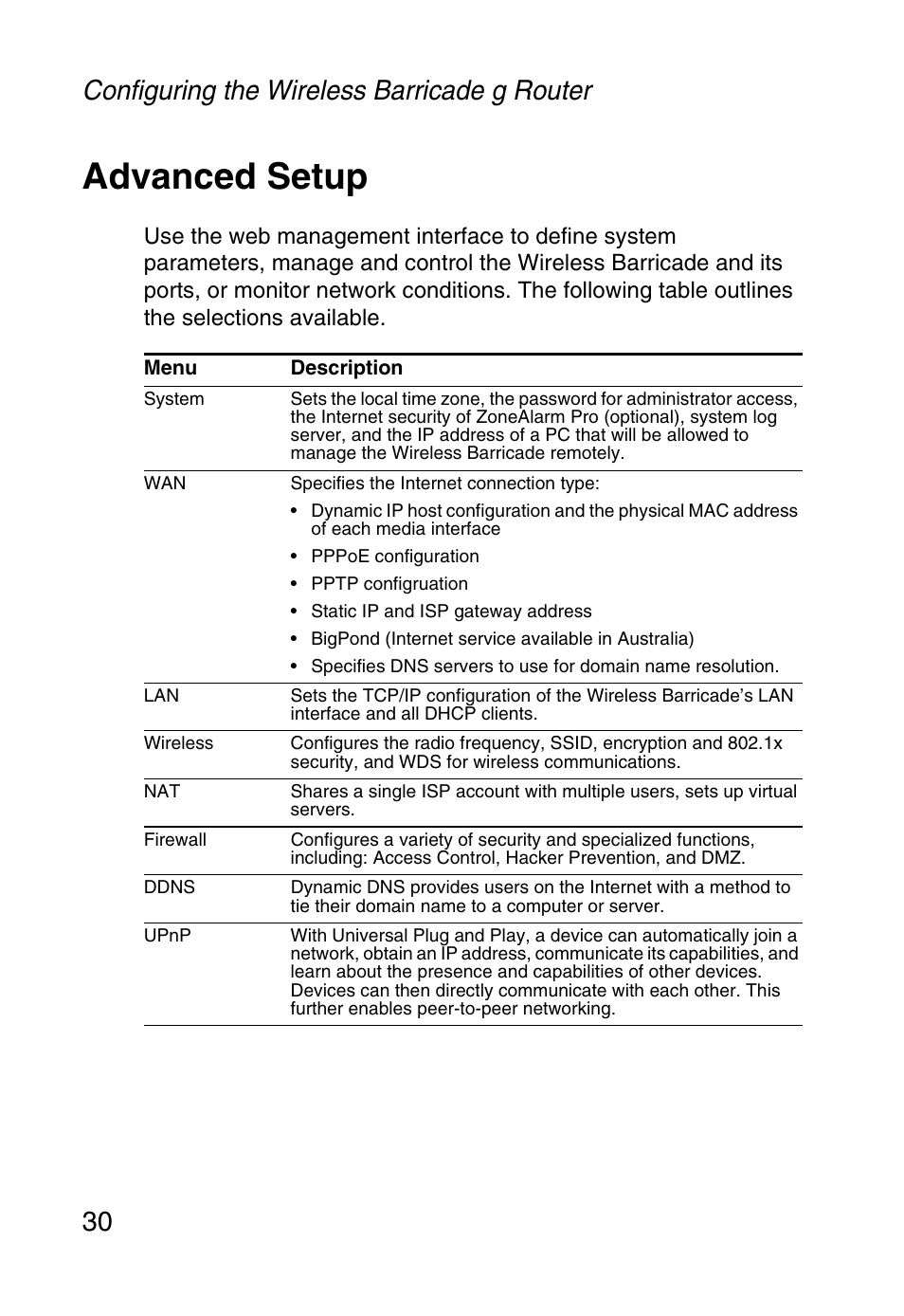 Advanced setup, Configuring the wireless barricade g router 30 | SMC Networks Barricade SMCWBR14-G User Manual | Page 42 / 105