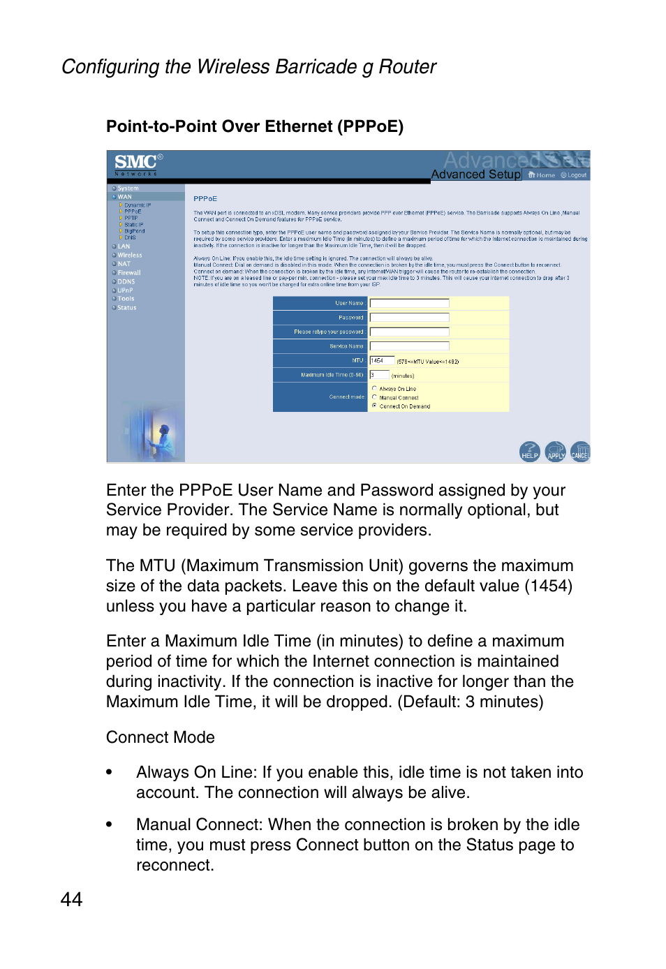 Configuring the wireless barricade g router 44 | SMC Networks Barricade SMCWBR14-G User Manual | Page 56 / 105