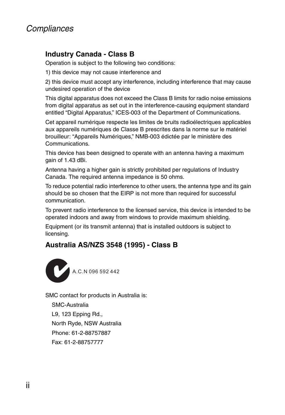 Compliances ii | SMC Networks Barricade SMCWBR14-G User Manual | Page 6 / 105