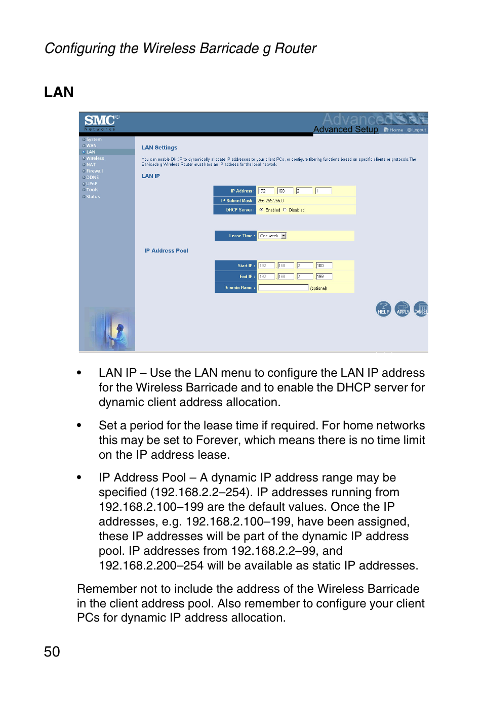Configuring the wireless barricade g router 50 lan | SMC Networks Barricade SMCWBR14-G User Manual | Page 62 / 105