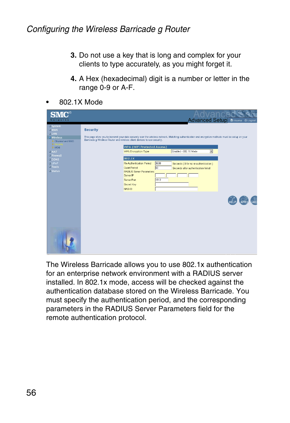 Configuring the wireless barricade g router 56 | SMC Networks Barricade SMCWBR14-G User Manual | Page 68 / 105