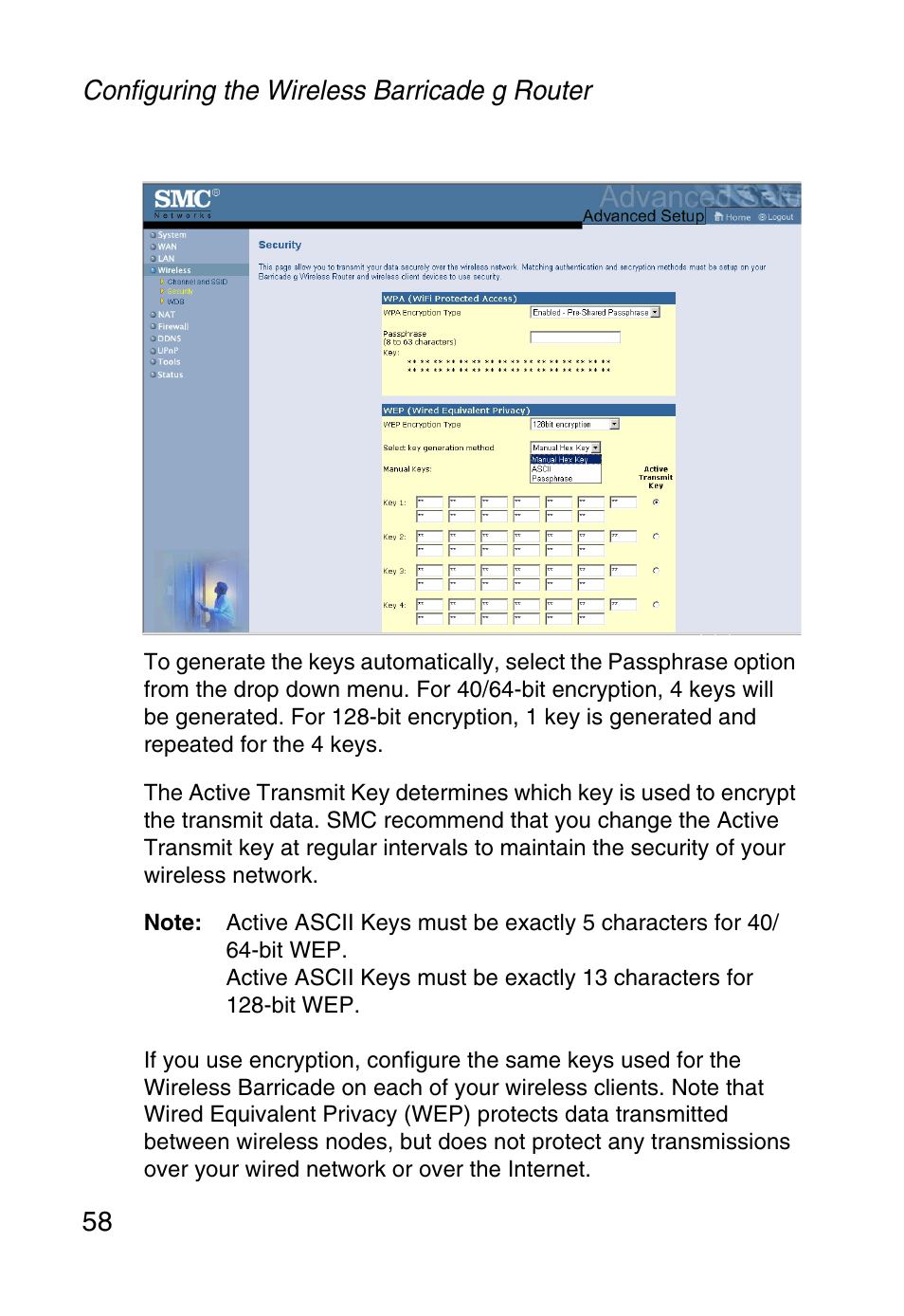 Configuring the wireless barricade g router 58 | SMC Networks Barricade SMCWBR14-G User Manual | Page 70 / 105