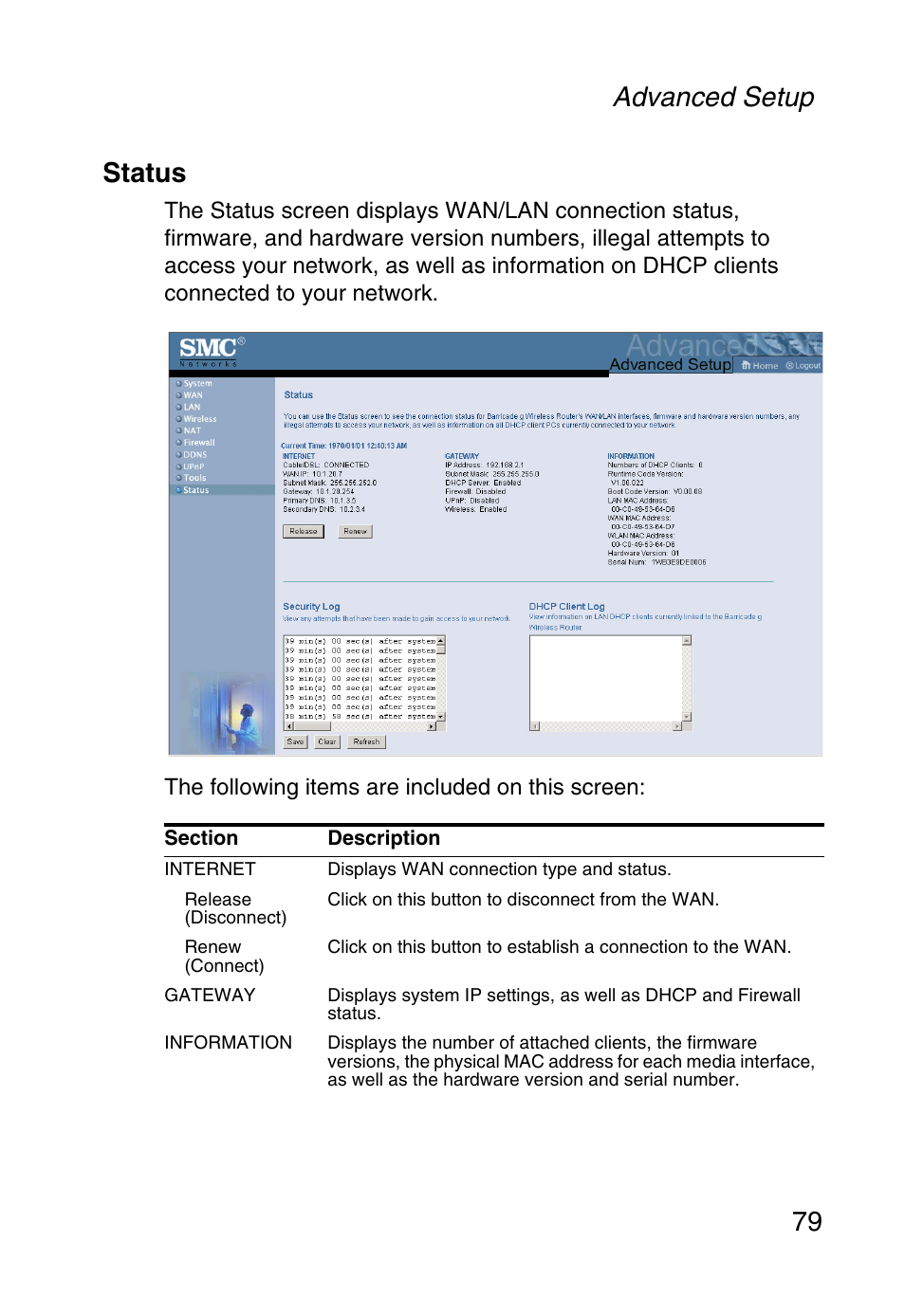 Status, Advanced setup 79 status | SMC Networks Barricade SMCWBR14-G User Manual | Page 91 / 105