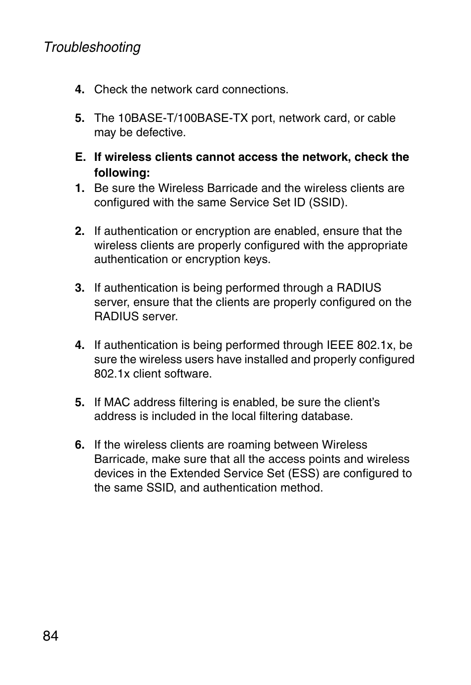 Troubleshooting 84 | SMC Networks Barricade SMCWBR14-G User Manual | Page 96 / 105