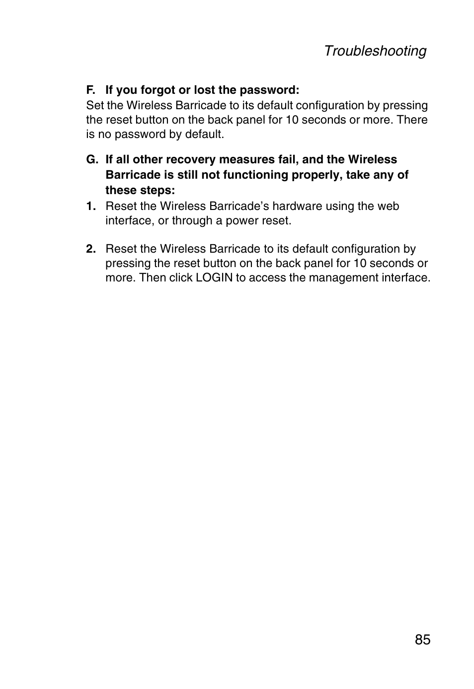 Troubleshooting 85 | SMC Networks Barricade SMCWBR14-G User Manual | Page 97 / 105