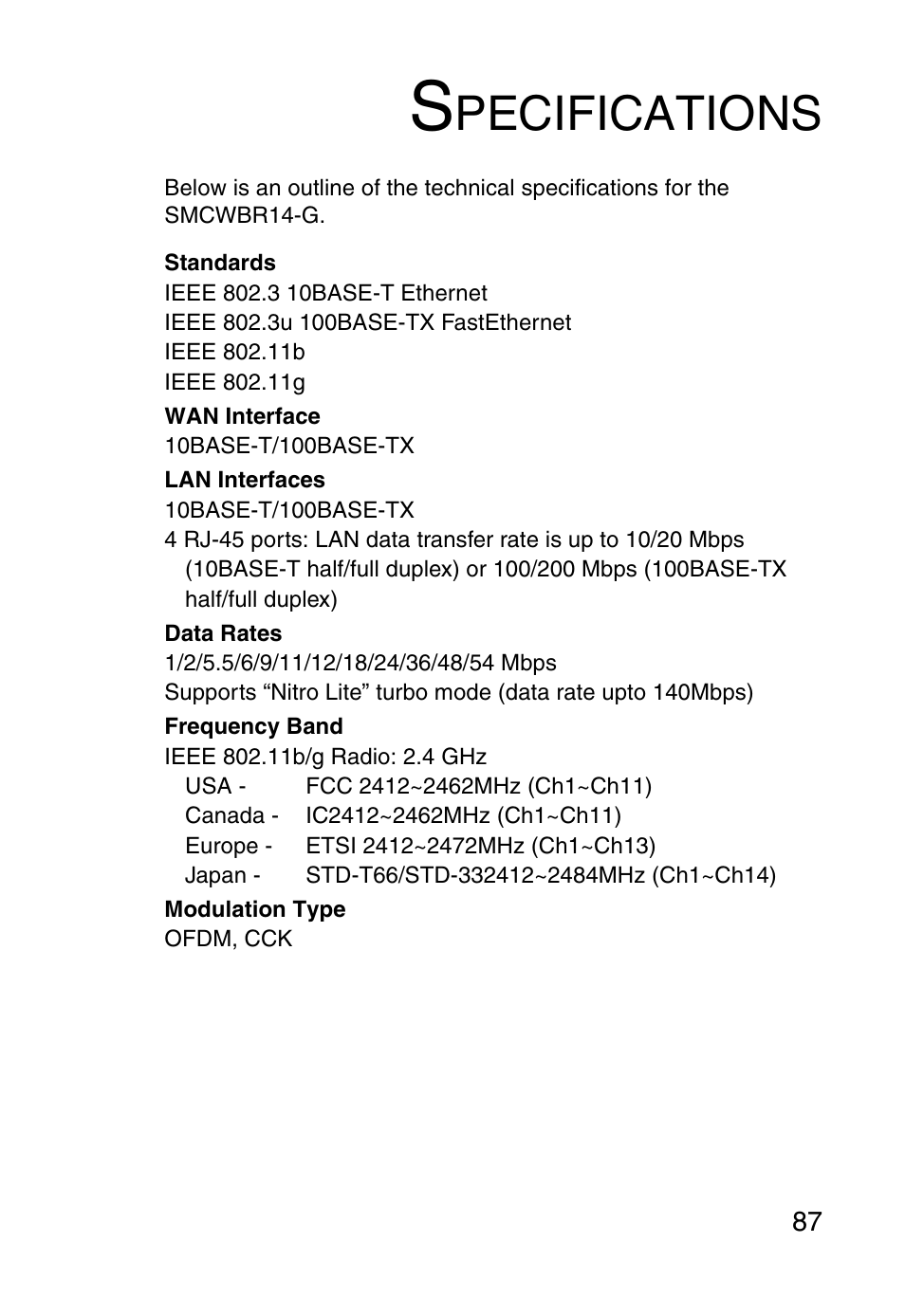 Specifications, Pecifications | SMC Networks Barricade SMCWBR14-G User Manual | Page 99 / 105